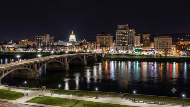 Pennsylvania river city skyline at night
