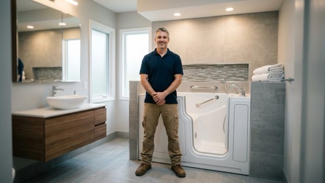 Walk-In Tub Contractor Kingston PA installer with a customer in their bathroom